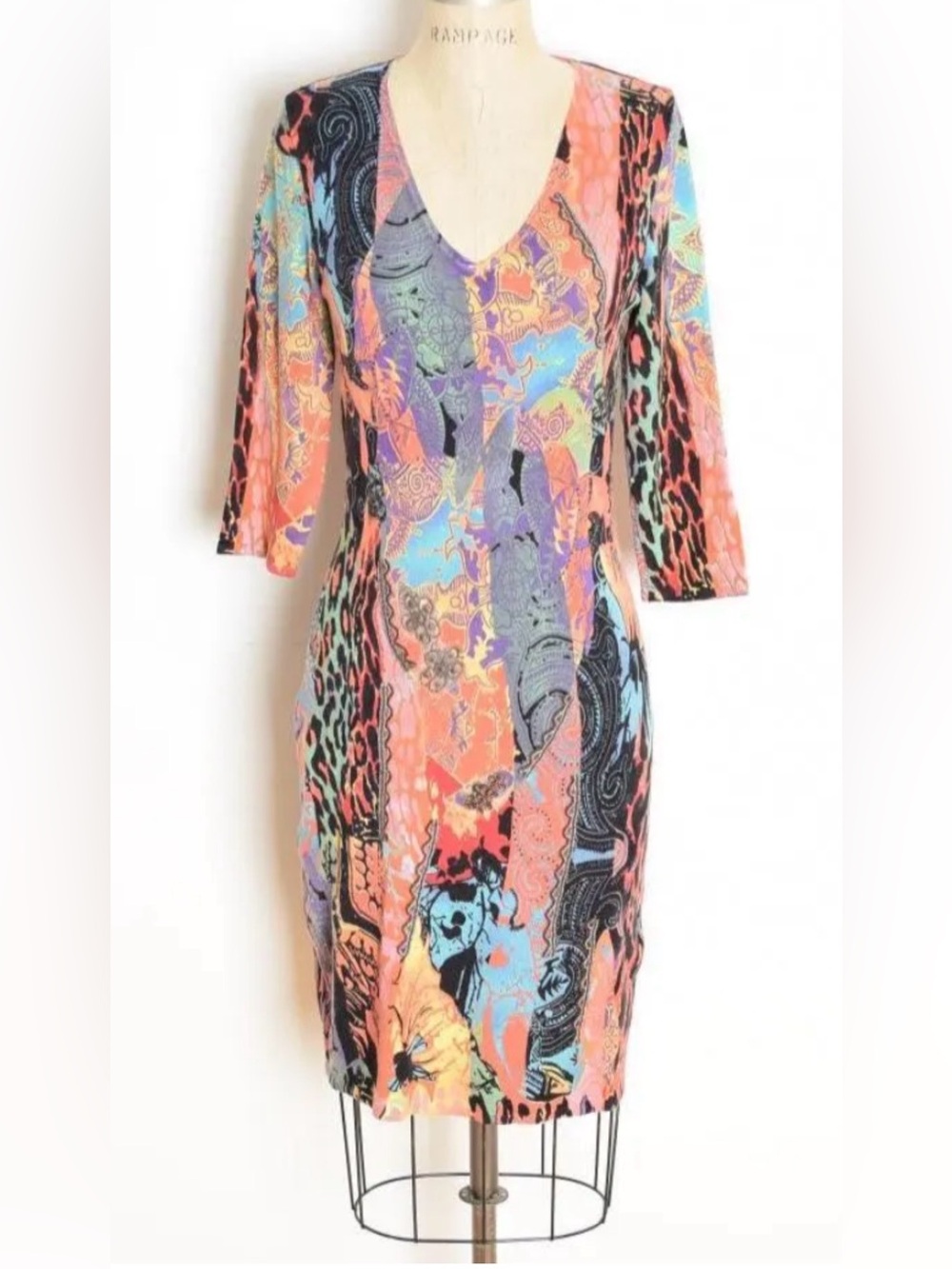 VINTAGE Y2K Alberto Makali Coral Multi-Print V-Neck Midi Dress